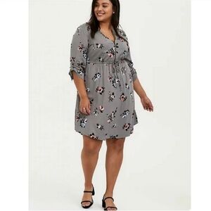 Torrid Floral Challis Zip Front Drawstring Shirt Dress Longsleeves Medium 10